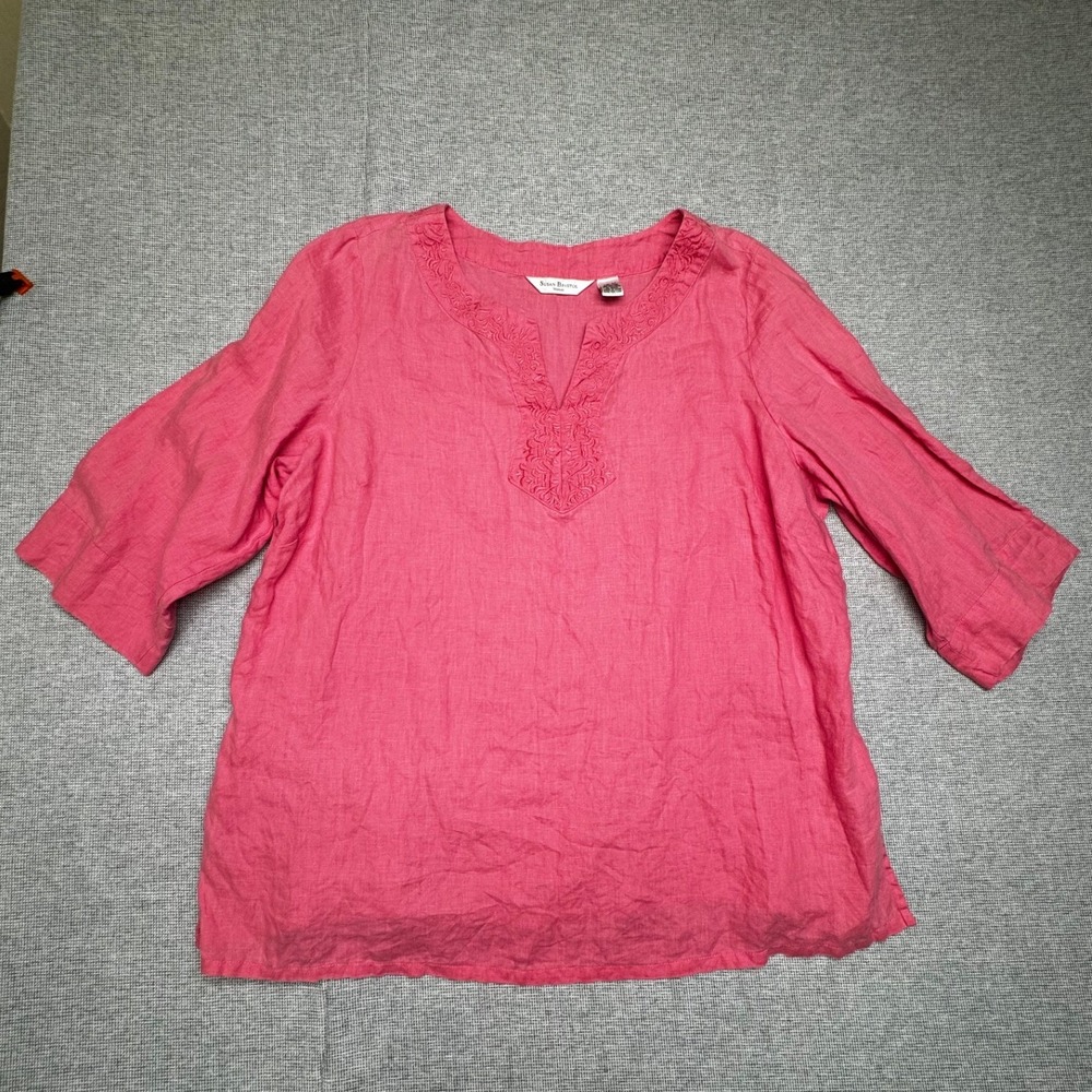 Susan Bristol Woman Pink Linen Embroidered Split Neck Tunic Top 2X
